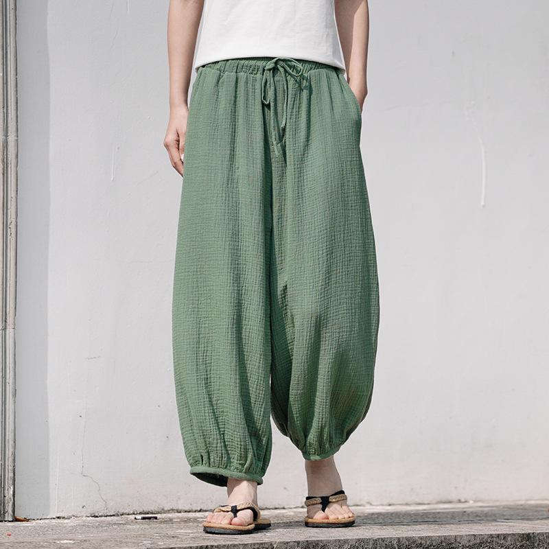 

New Chinese-Japanese Style Cotton Linen Breathable Wide-Leg Loose Casual Pants - Anti-Mosquito, Plus Size, Spring-Summer XL зелёный