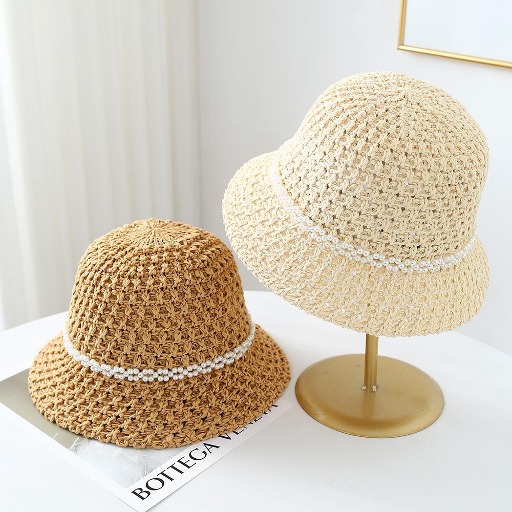 Pure Color Pearl Fishing Hat Straw Sun Hats Women Summer Beach Vacation French Style Woven Straw Hat Face Slimming Sun Caps