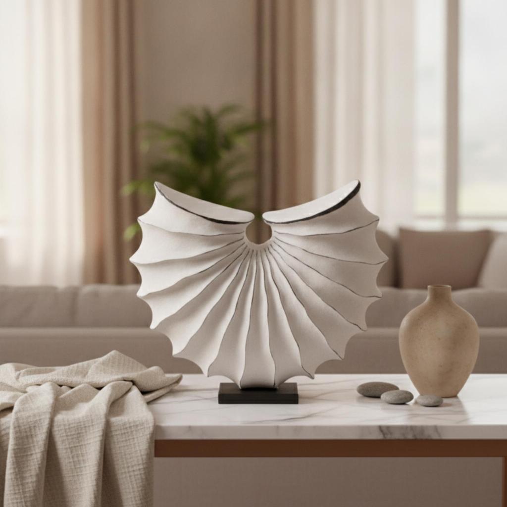 Modern Tabletop Decor | Textured Fluted Surface, Shell Sculpture with Base, Abstract Sculpture, for