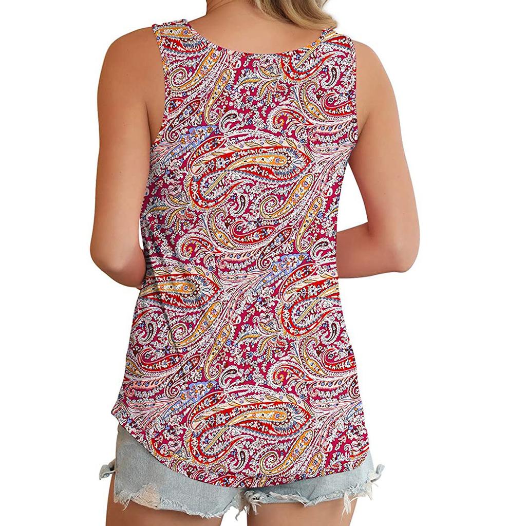 Modna damska koszulka z dekoltem w szpic i nadrukiem, luźna koszulka bez rękawów