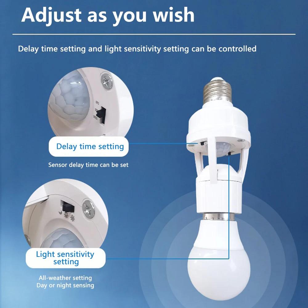 Bewegungssensor LED Lampenfuß E27 Fassung Konverter AC100-240V Glühbirnenhalter Adapter Schalter Einstellbar PIR Menschliche Induktion