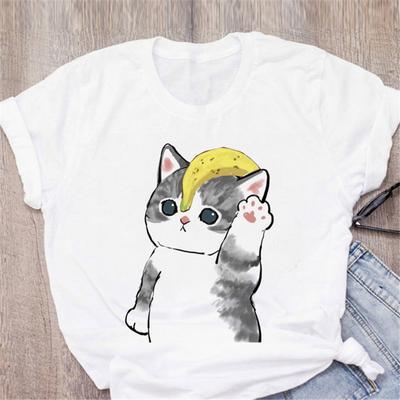 Summer Plus Print Lazy Cat Cartoon Loose Half Sleeved Base Shirt Round Neck Pure Cotton T-Shirts Women’s