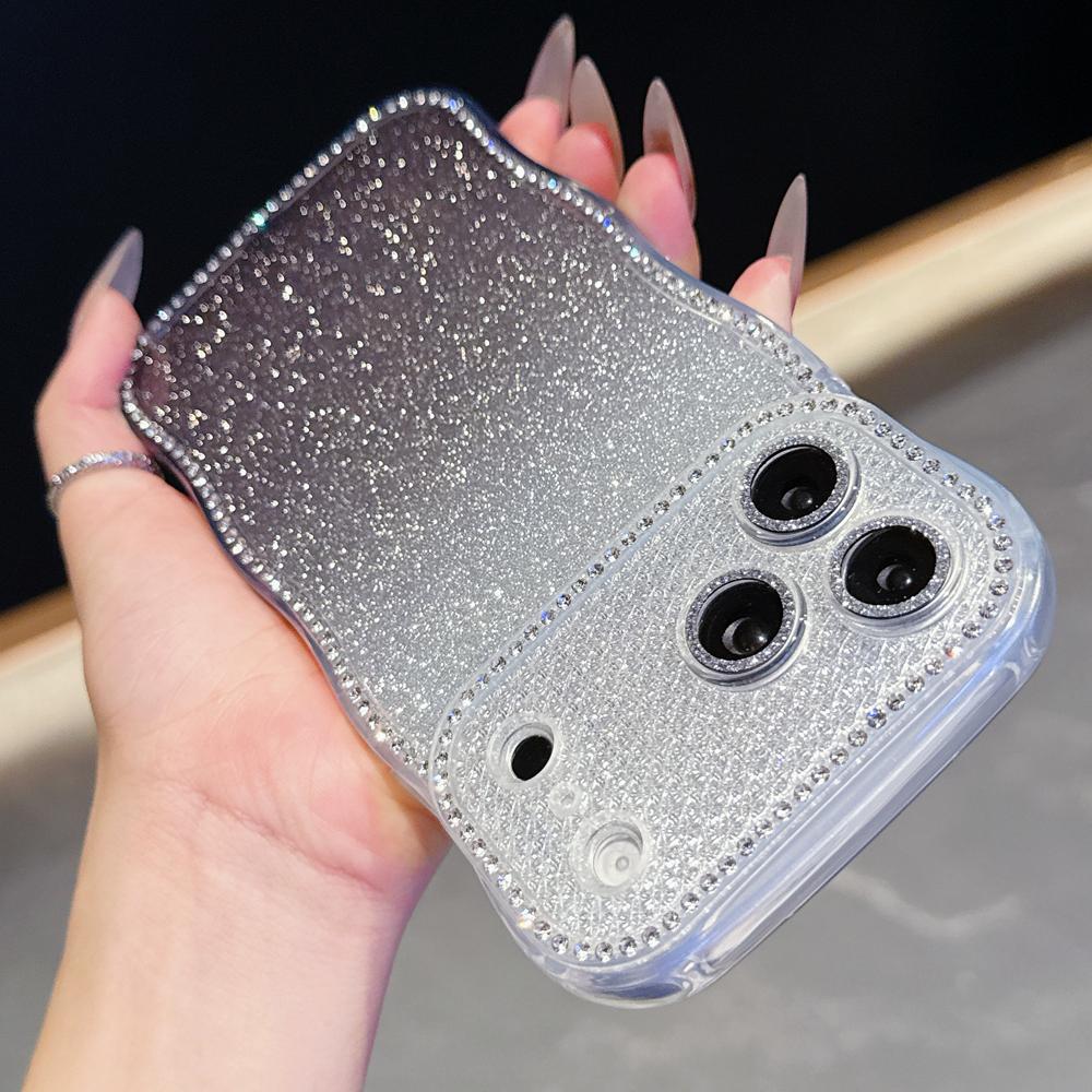 KEYSION Gradient Glitter Jewelled Phone Case for iPhone 16 17 Pro Max Air 16 Plus Wavy Border Lens Protector Shockproof Cover
