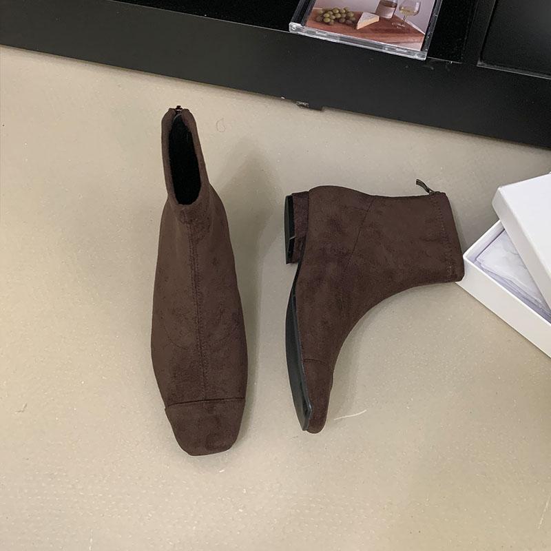 Fashion Fashion Flock Women Ankle Boots Flats Shoes Female Square Toe Ladies Flats Short Boots Shoes With Zippers Footwear