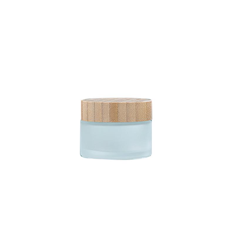 Frosted Glass Cream Jar with Wood Grain Lid - Refillable Cosmetic Container