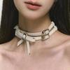 Hip Hop Punk Weißer Schleifenknoten Leder Doppellagige Gürtelschnalle Halsband Halskette für Frauen Persönlichkeit Schmuck Hals Zubehör Geschenk