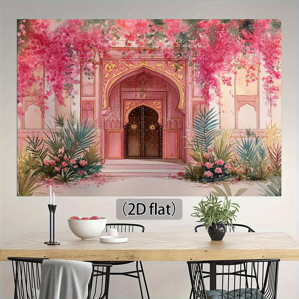 2D Plane, Floral Garden Entrance Theme Background Cloth, Pink Bougainville Waterfall with Ornate Arch, Polyester