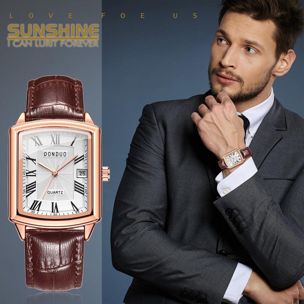 Aroncent Men's Square Waterproof Wristwatch Roman Analog Leather Belt Antique Simple Stylish