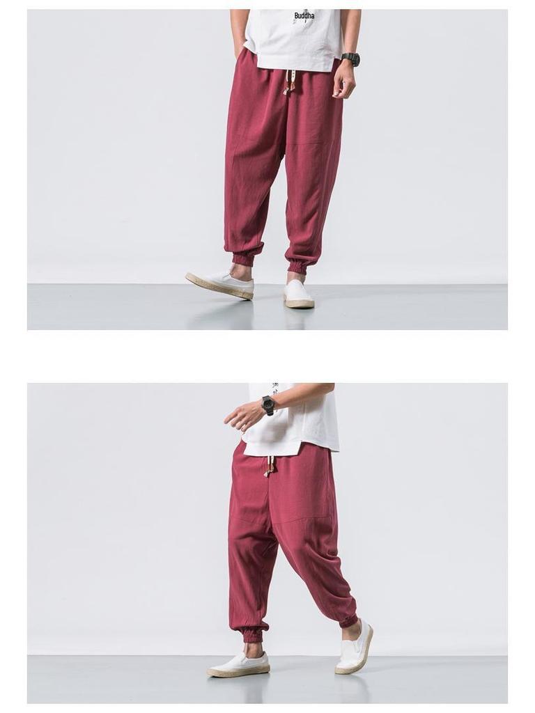 2022 Men's Loose Linen Ankle-Length Drawstring Trousers - Youthful Spring/Summer Style, Plus Size, Solid Color.