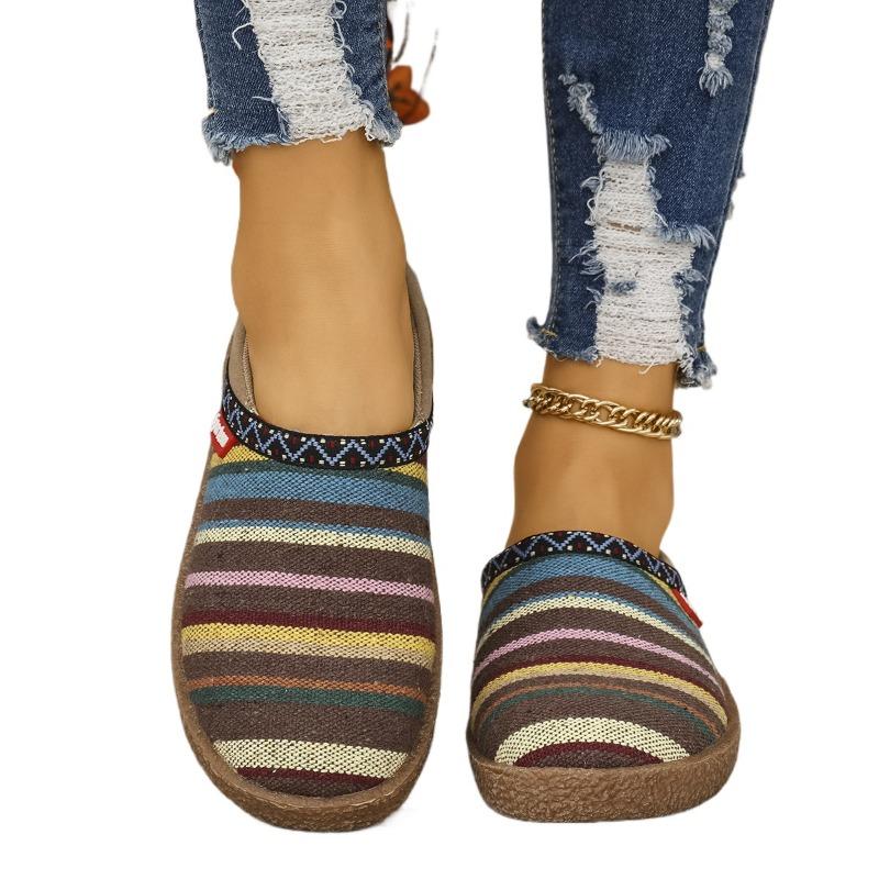 Fashion Plus Size 2025 Summer Fabric Women’s Closed Toe Slippers Outdoor Mixed Colors Low Heel Slippers for Daily Casual Retro Sandals