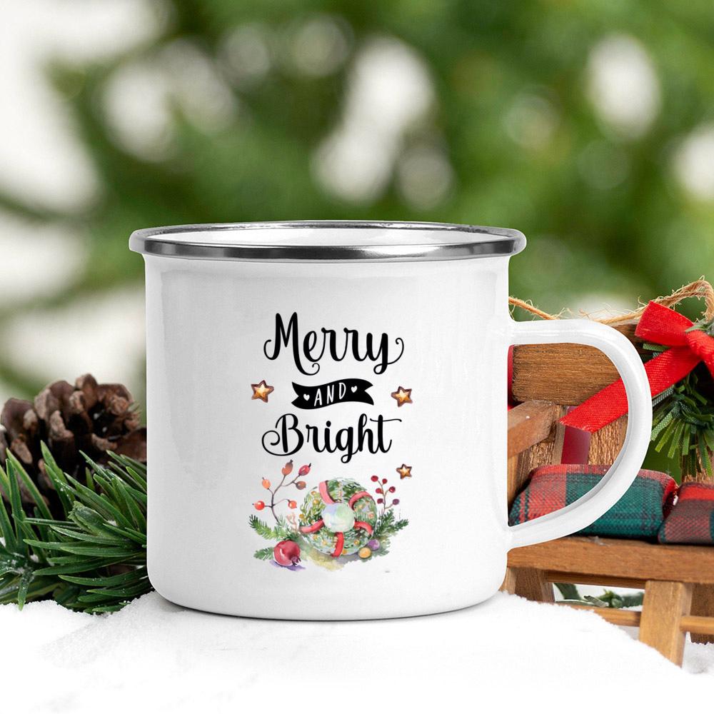 Christmas Printed Coffee Mugs With Handle Breakfast Milk Cups Enamel Drinking Cup Party Home Decorations Gifts for Friend Family