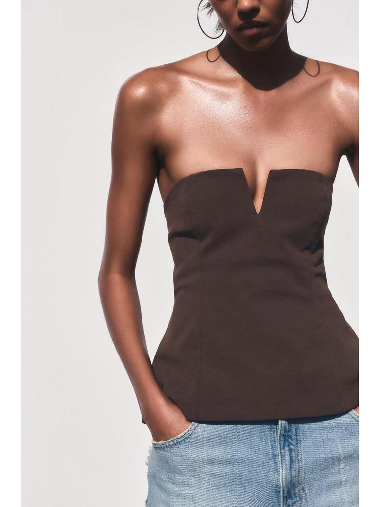 2025 Europäische und amerikanische Damenmode: Vielseitiges einfarbiges ärmelloses trägerloses Oberteil