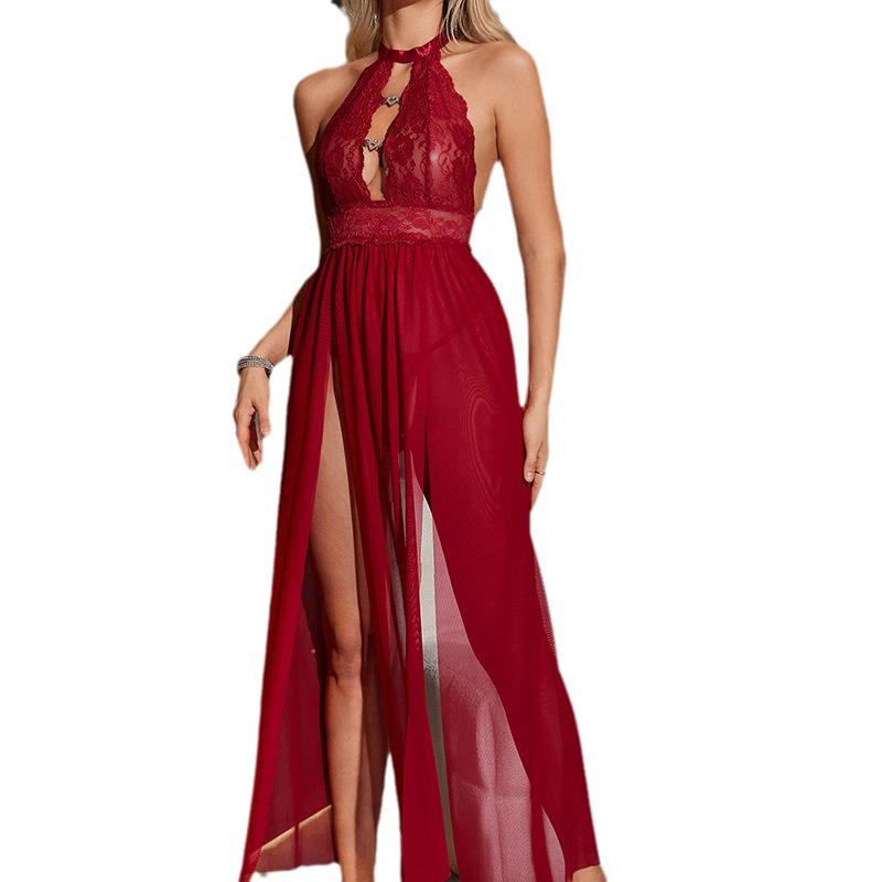 European & American Sexy Mesh Halter Lingerie Set with Hollow Out Long Dress
