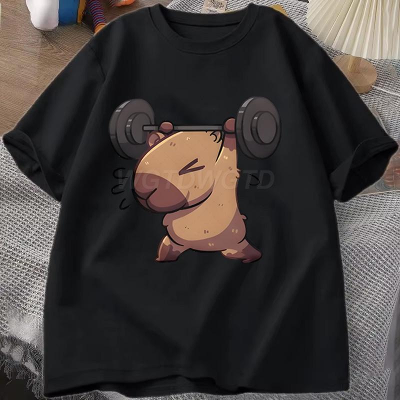 Capybara Print Unisexs Tshirt Round Neck Short Sleeves Hiphop Top Funny Capybara Lifting Print Tshirts Gym Lover Streetwear Tops