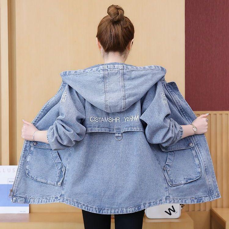 Women Denim Windbreaker Coat Hooded Cardigan Jacket Pockets Washed Y2k High Waist Outerwear 2025 Autumn Streetwear Overcoat