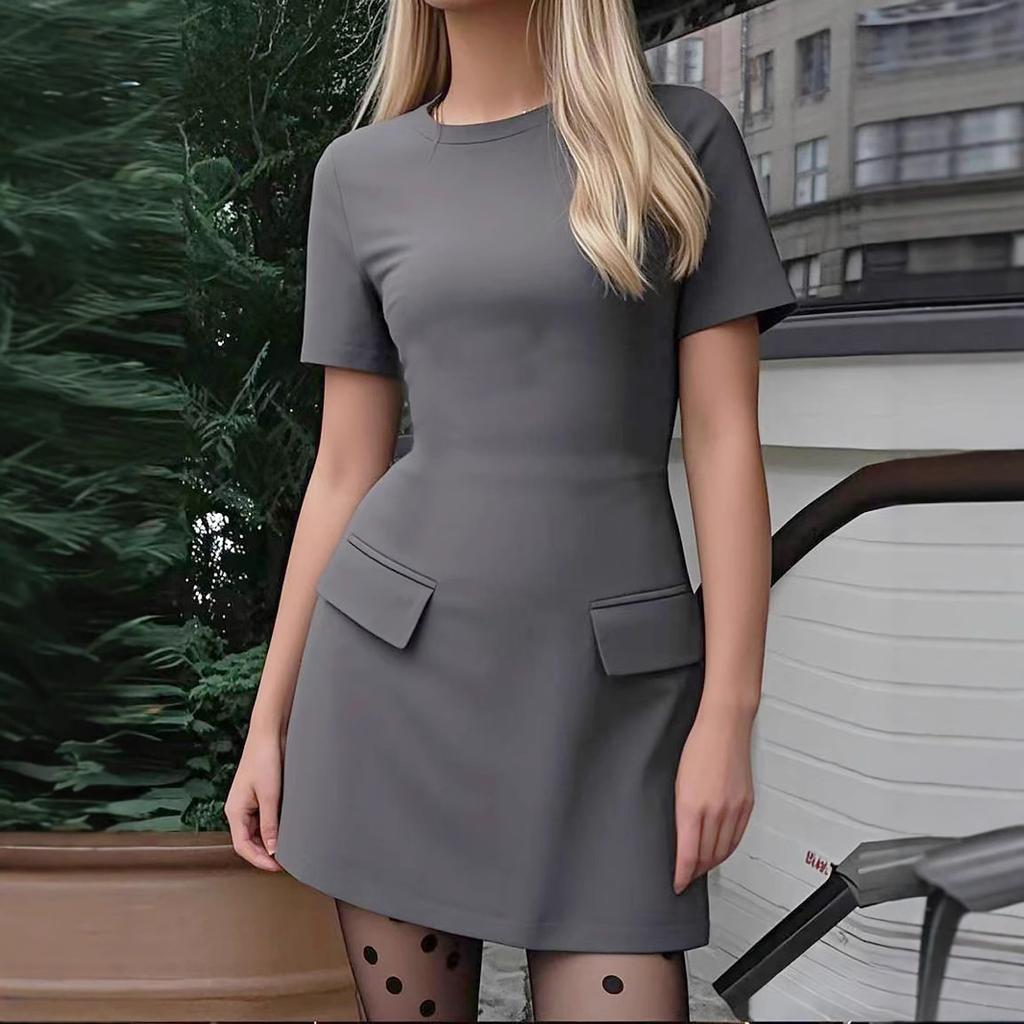 Women's dress short sleeve round neck elegant high waist short dress