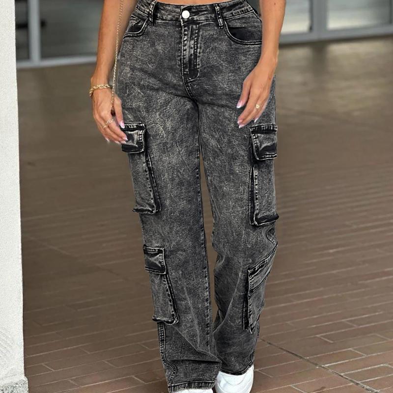 

Vintage Y2k Washed Multi-Flap Pocket Straight Leg Cargo Jeans Women s Mid-Rise Versatile Streetwear Campu Sall Seasons Match XS чёрный
