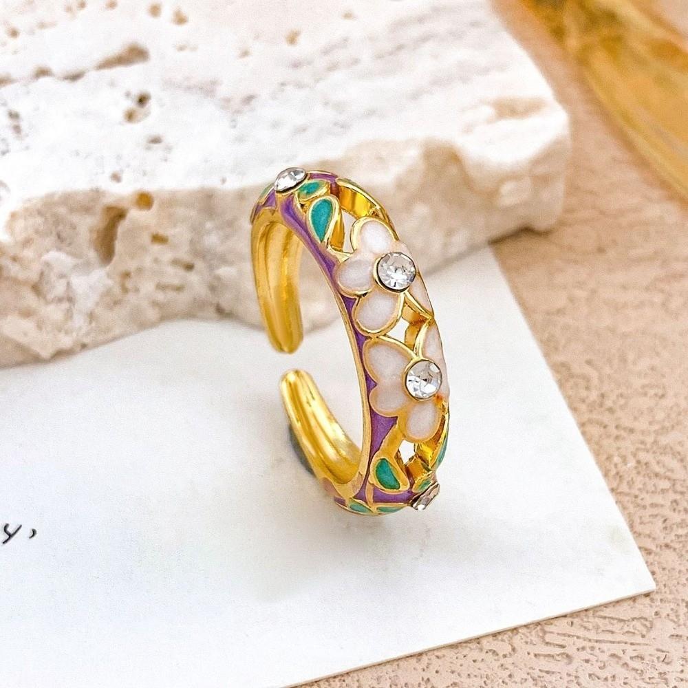 Engraved Colorful Enamel Flower Rings Hollow Out Gold Plated Ring Engagement