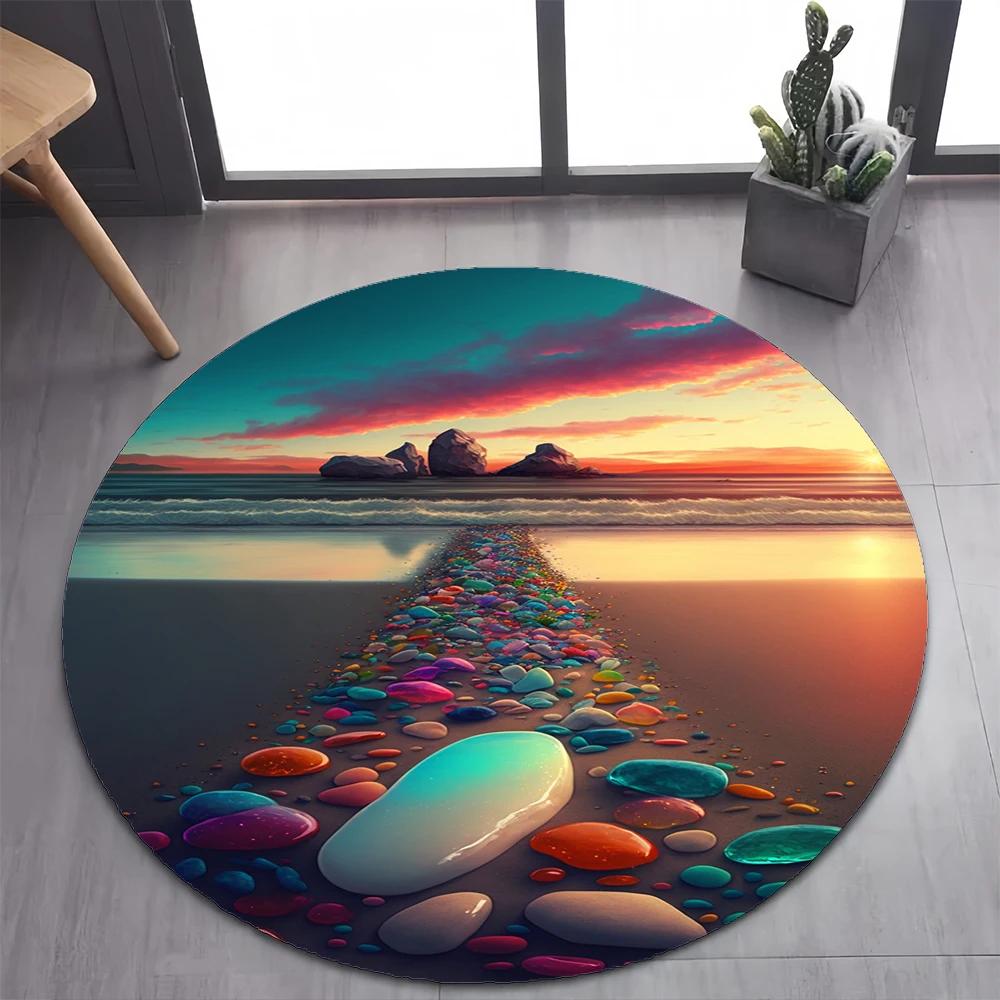 2025 New Style Colorful Rainbow Pebble Road Beach Stone Round Carpet Rug for Bedroom Living Room Decoration,pet Decor Floor Mat
