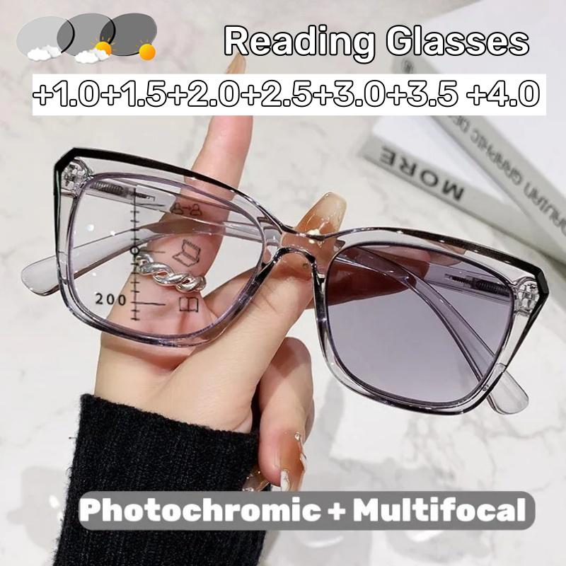 Fashion Square Full-Frame Photochromic Multifocal Reading Glasses Neutral Style High-Definition Blue Light Blocking Glasses +4.0