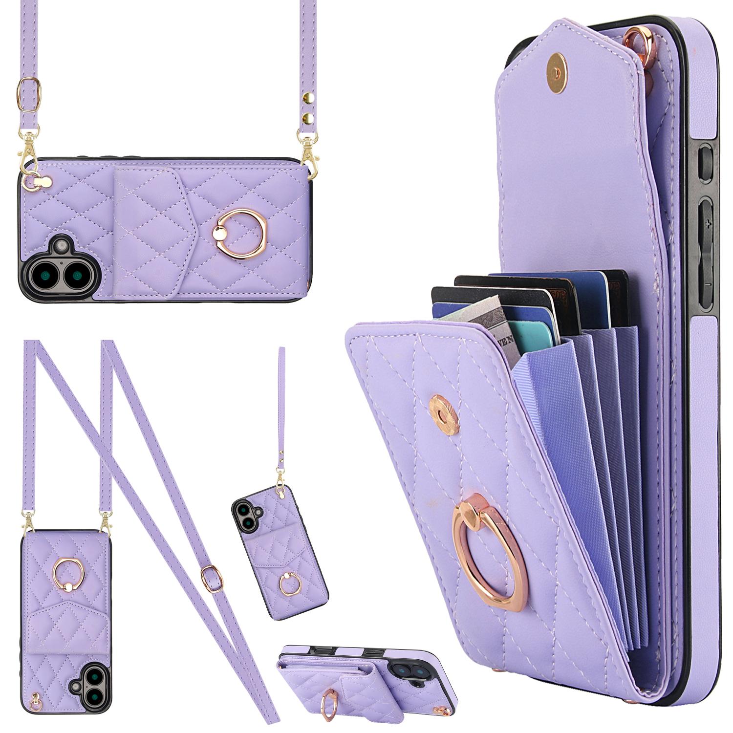 

For iPhone 16 Plus Case Card Bag Leather+TPU Crossbody Phone Cover with Ring Kickstand Purple