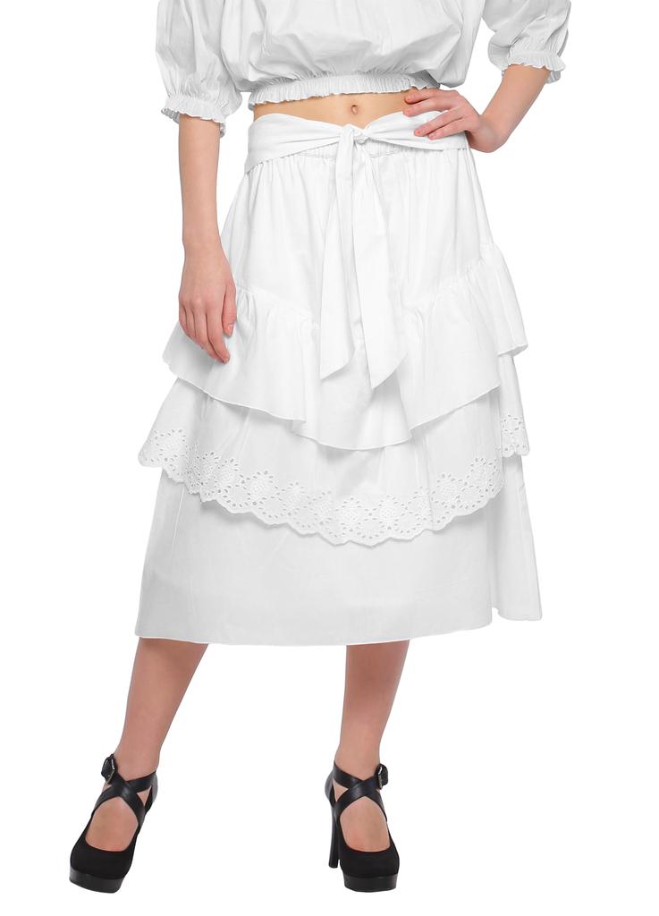 Moomaya Solid Cotton Skirts For Women Knee Length With Lace Belt Ruffle