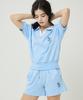 AWESOME STUDIO Color Block Collar Crop Sweatshirt Short Sleeve T-Shirt Sky Blue