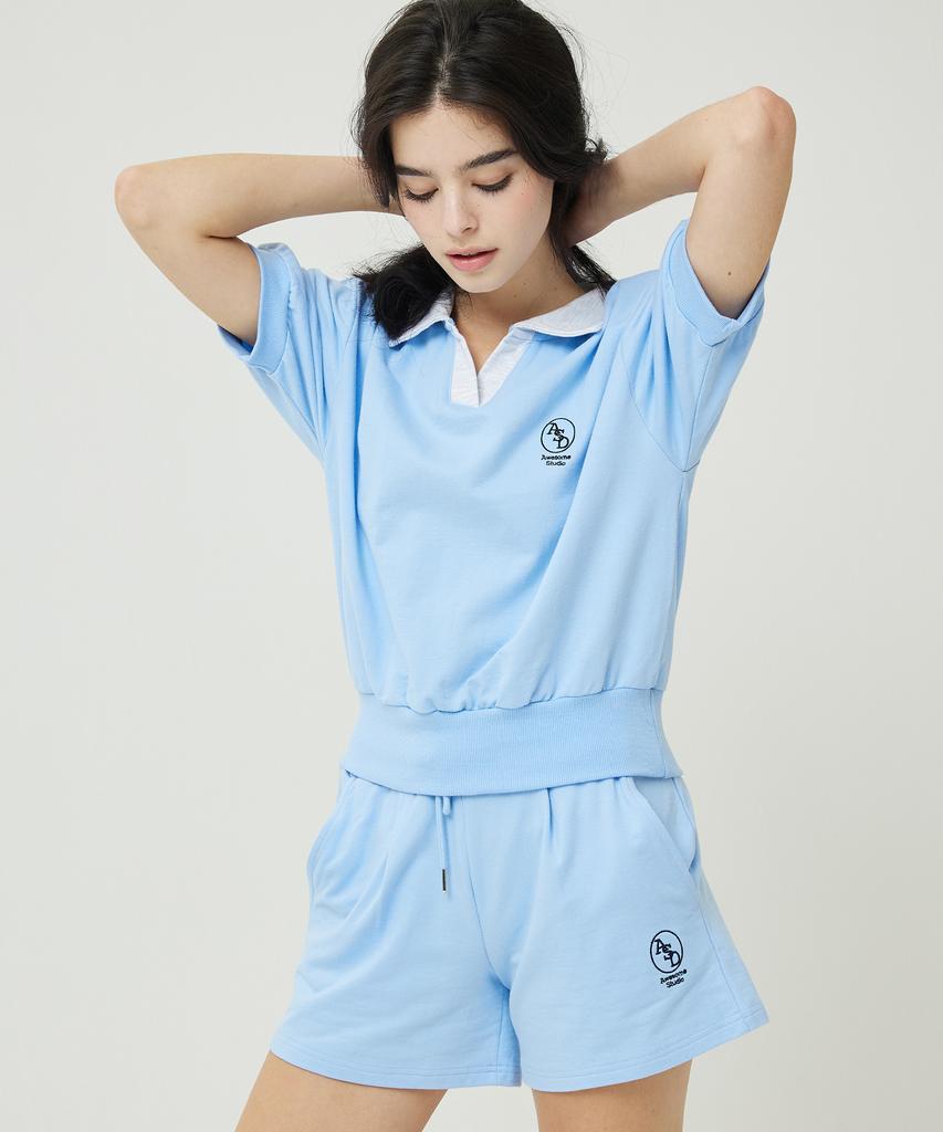AWESOME STUDIO Color Block Collar Crop Sweatshirt Short Sleeve T-Shirt Sky Blue