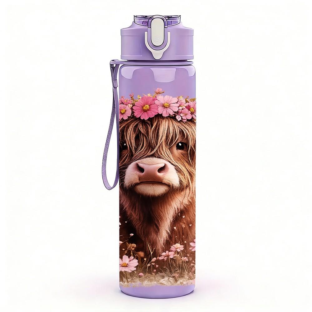1PC Flower Crown Highland Cow Print 750ml Color Plastic Sports Water Bottle Leakproof Flip Straw Lid Suitable for Sports Office Home Use
