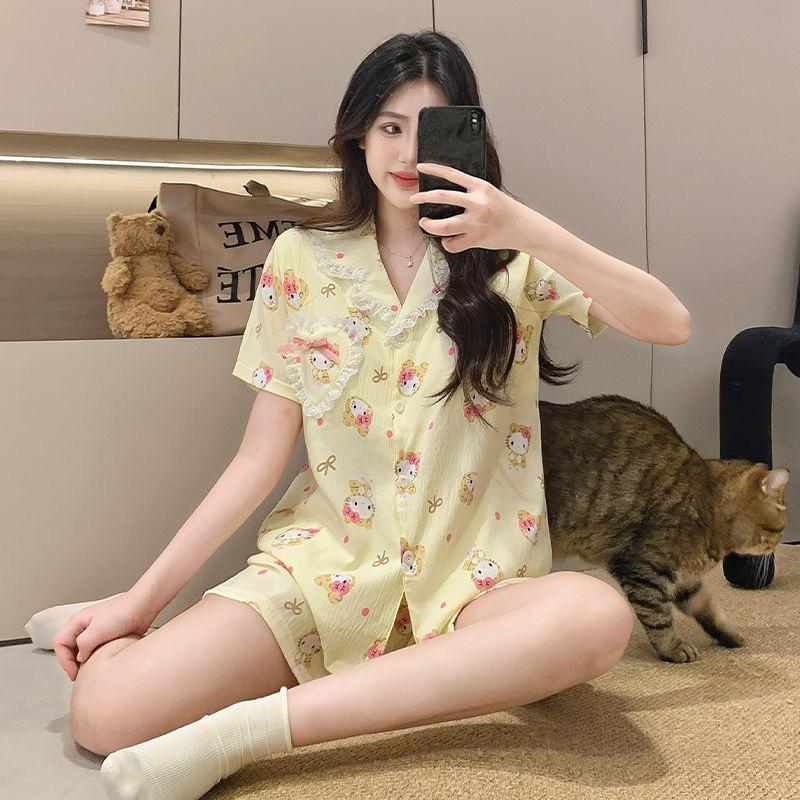 

Yellow lace kitten pajamas women s summer short-sleeved shorts ins style suit women s casual loungewear S