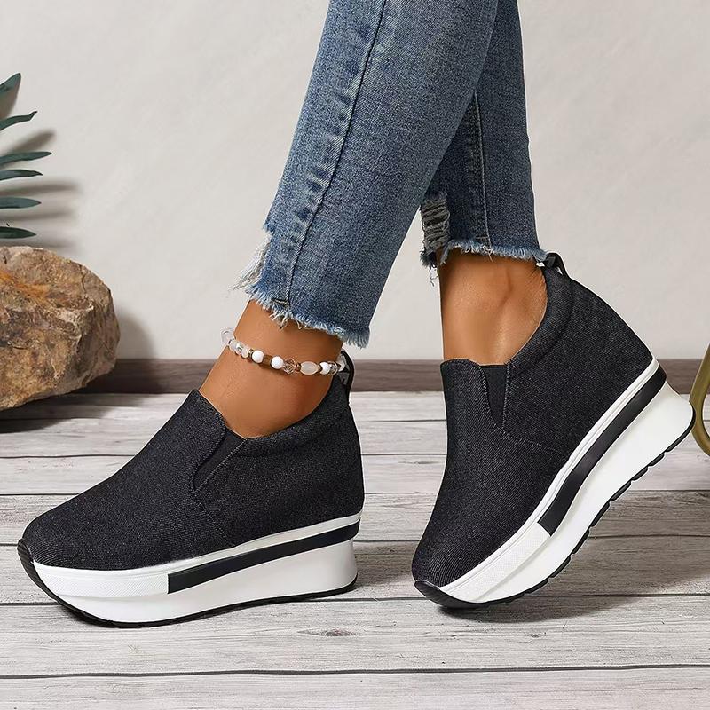 Women's Denim Wedges Heel Fashion Round Toe Sneakers Ladies Daily Casual Shallow Mouth Non-Slip Walking Women's Vulcanised Shoes
