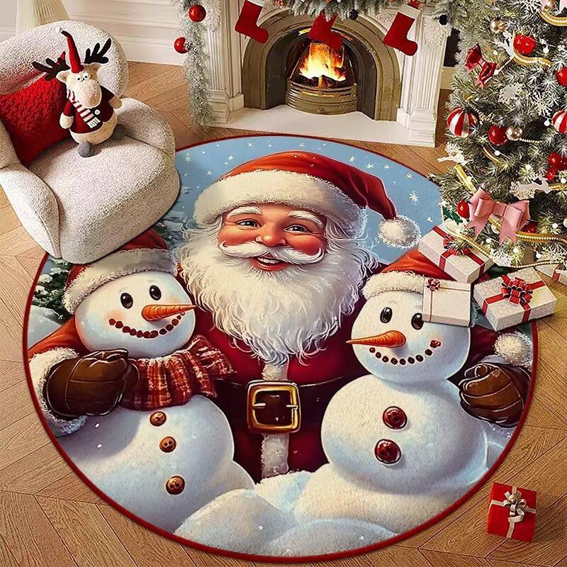 Christmas Joyful Santa Claus Snowman Carpet Mat Round Red Gift Boxes Rug Festive Non-slip Home Decoration for Living Room Carpet