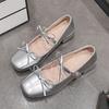One word with fairy style with skirt Mary Jane shoes square head 2025 bow French retro silver thick heel single shoes
