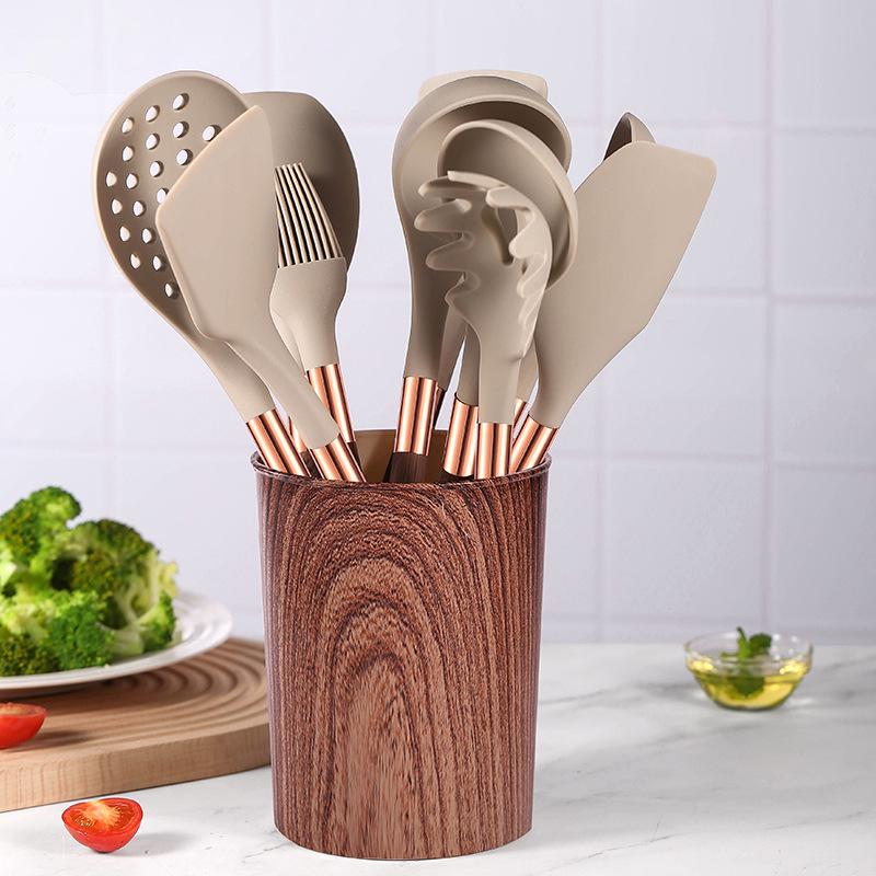 12-Piece Silicone Wood-Grain Non-Stick Cookware Set with Heat-Resistant Spatula and Spoon