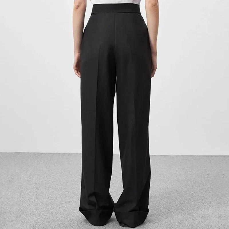 Módní plisované kalhoty se širokými nohavicemi Podzimní jednobarevné kalhoty k obleku s vysokým pasem a kapsou Elegantní dámské kalhoty do kanceláře 24307