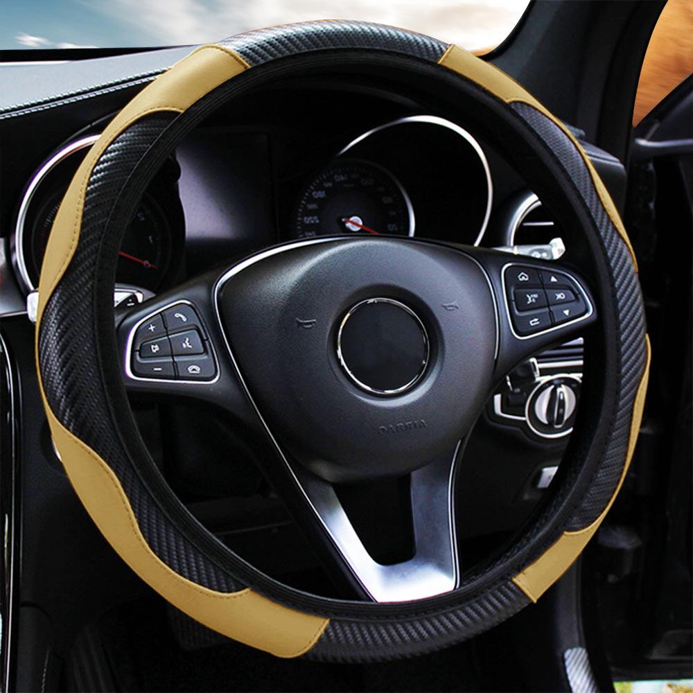 Comfortable Wear-Resistant Carbon Fiber Leather Steering Wheel Cover for 14.5-15 Inch Universal Female Cars.