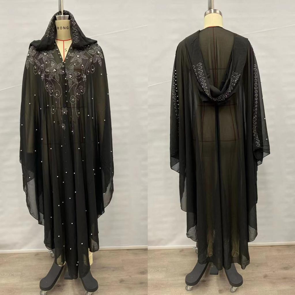 Womne Muslim Dress Embroidered Beads Abaya Dress Muslimah Hooded Robe Chiffon Kaftan Long Dress Middle East Africa Plus Size Maxi Dress
