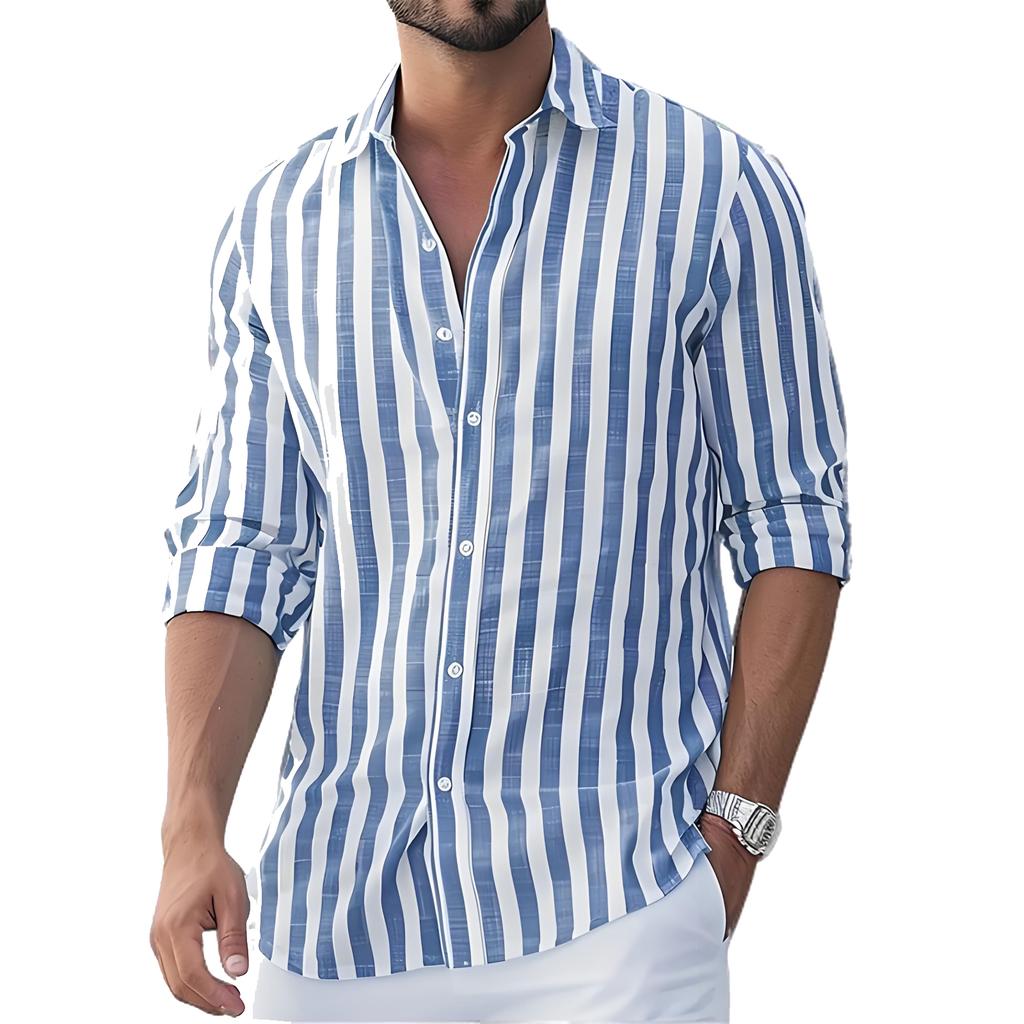 Men's Casual And Trendy Striped Shirt, Long-sleeved Top, Men's Lapel Button Cotton Shirt