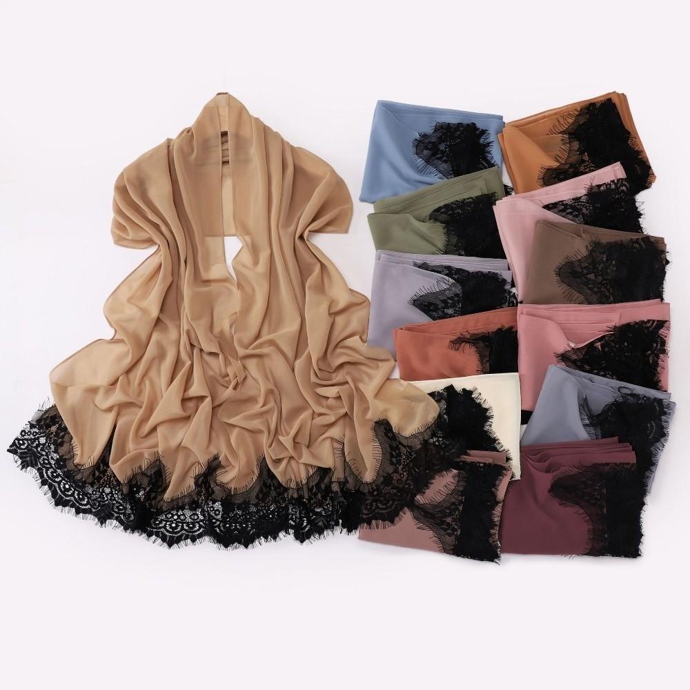 Eyelash Black Lace Long Hijab Soft Material Islamic Shawl Wrap Malaysian Headscarf For Women