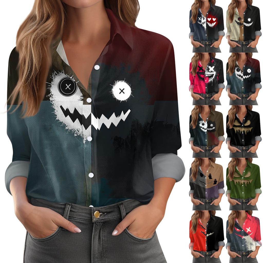 Women's Halloween Printed Long Sleeve Casual Button Down Shirt