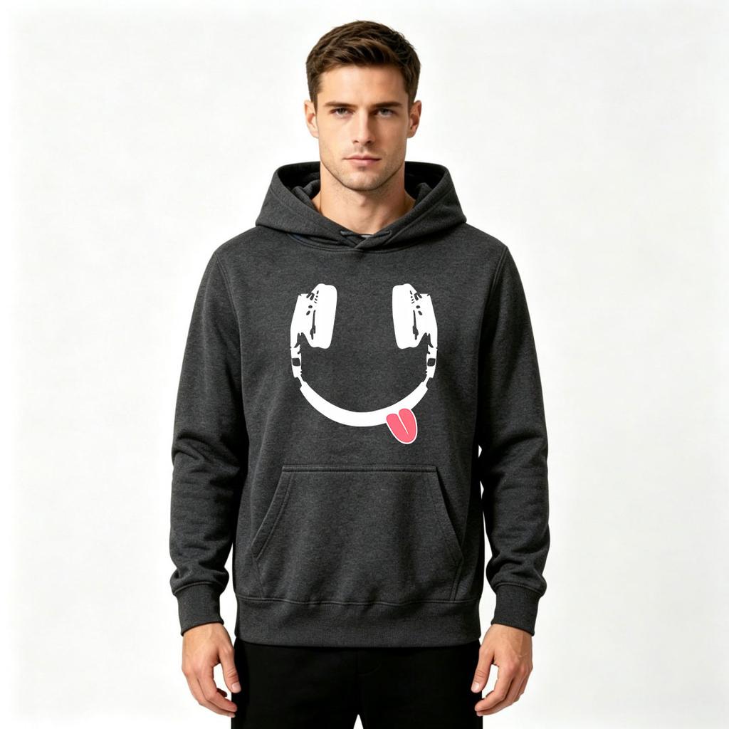 Men's Adult Funny Headphones Smiley Tongue Print Hoodie Casual Long Sleeve Loose Pullover Sweatshirt Streetwear Hooded Top For Daily Outdoor Wear