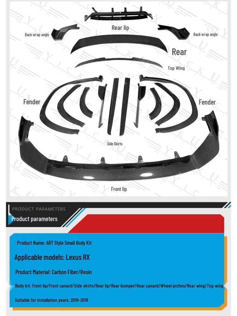 Compatible with 2016-2019 Lexus RX: Front/rear Lips, Side Skirts, Lower Lip, Resin Arches, ART Roof, Rear Wing, and Canards.