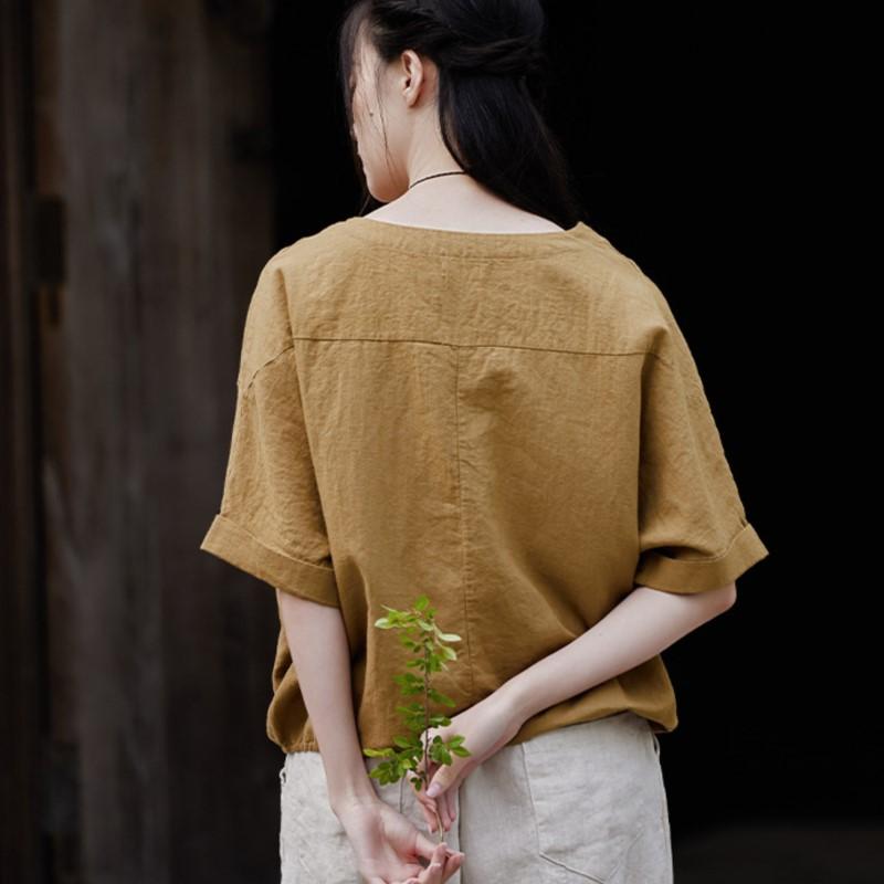 Johnature Women Casual Linen T-Shirts Summer O-Neck Short Sleeve Tees Solid Color Loose Women T-Shirts