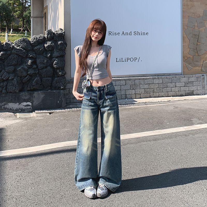 Spring Summer Mid Low Waist Cat Whisker Sandblast Vintage Blue Relaxed Straight Wide Leg Casual Denim Pants Ladies Casual Oversize Denim Trousers