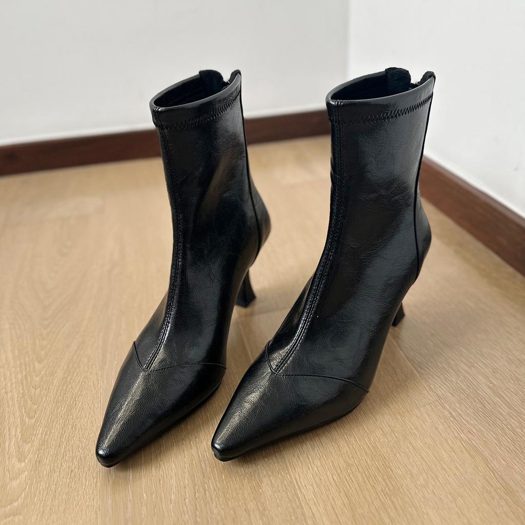 Rindsleder-Version~ Französische spitze elastische dünne Stiefel Damen 2025 dünner Absatz hoher Absatz kurze Stiefel Reißverschluss hinten Temperament einzelne Stiefel
