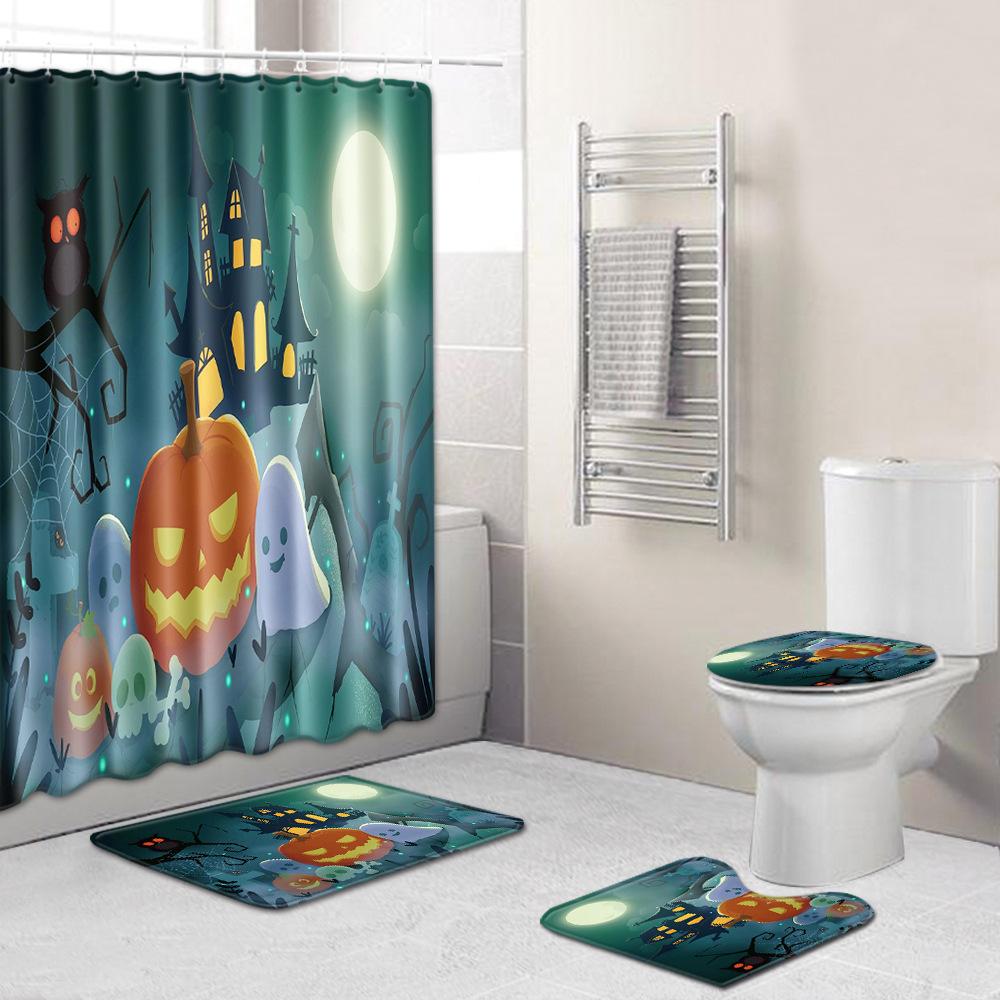 Halloween Shower Curtain Floor Mat Combination Four-Piece Set Bathroom Toilet Carpet Shower Room Foot Mat