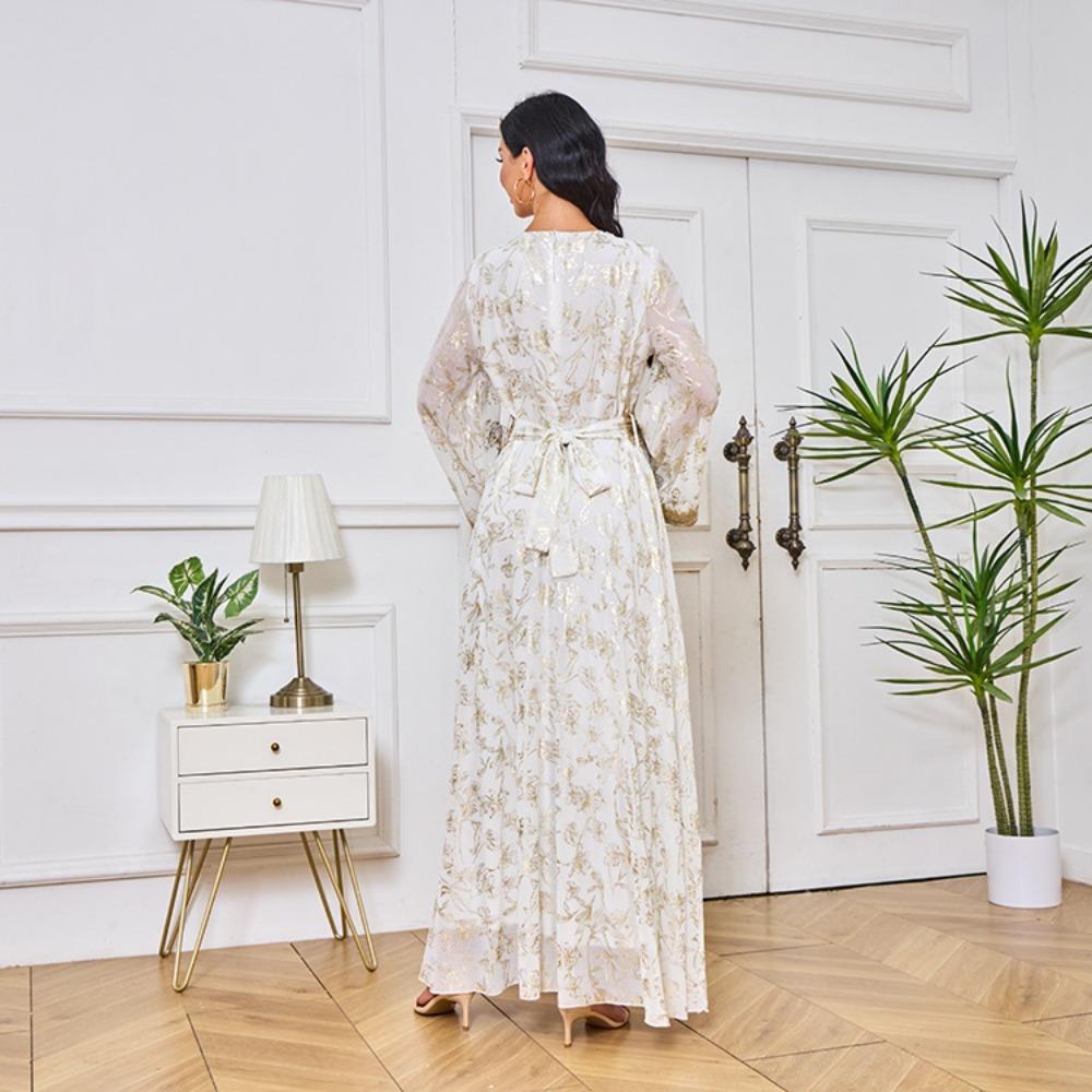 Women's Evening Gown: Stylish Long Dress Featuring Textured Floral Patterns and Gold Foil Accents