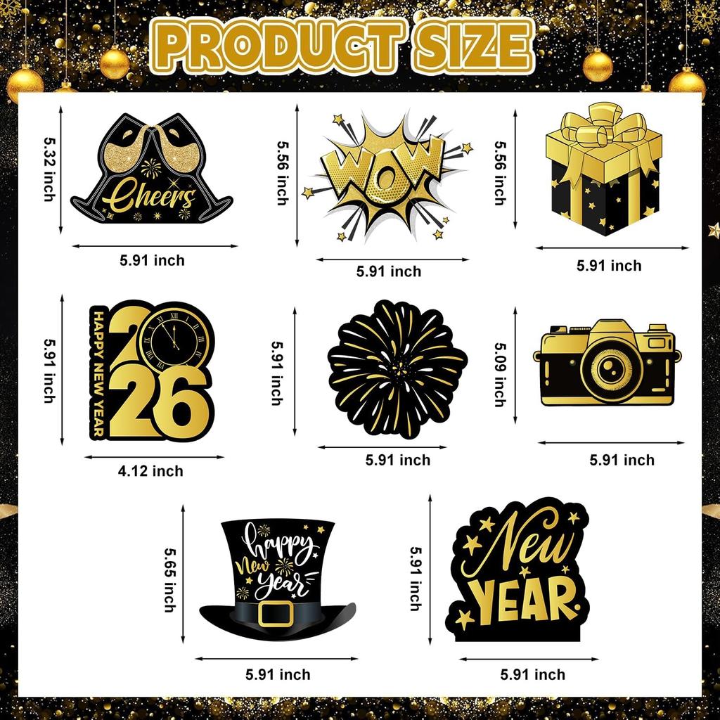 Happy New Years Decorations 2026, New Year Eve Party Supplies Banner with 8 Pcs Hanging Swirls for NYE Eve Party Supplies Black Gold