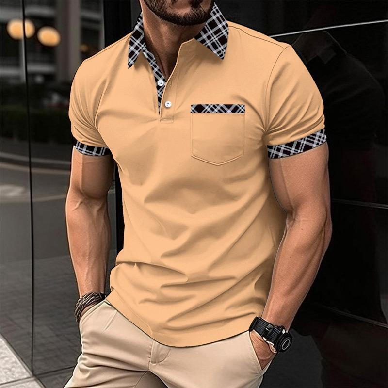 Herren Casual Colorblock Karomusterbesatz Kurzarm Poloshirt mit Brusttasche
