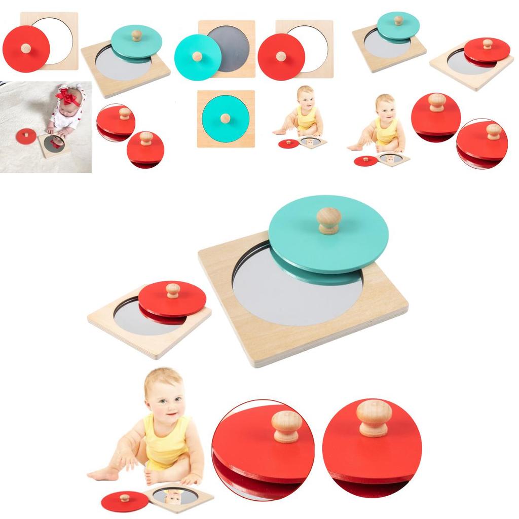 Hoshi Baby Wooden Montessori Mirror Peekaboo Knob Puzzle, Infant 3mos+ Tummy Time Toy